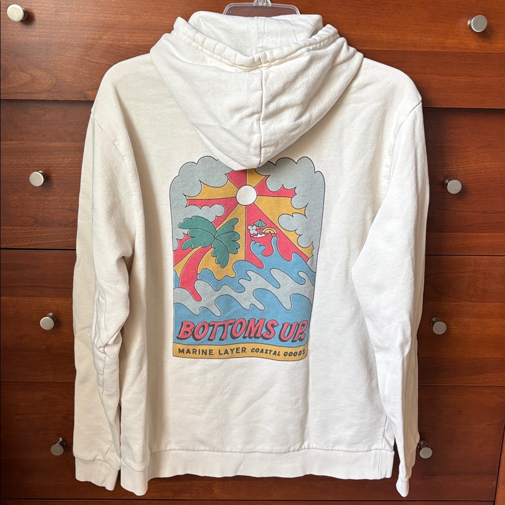 Marine Layer Cream Hoodie with Bottoms Up Palm Design, L, EUC 🌴